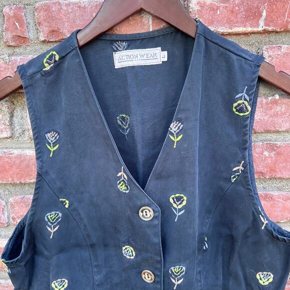 Action Wear Embroidered Flowers Tencel Vest Large Vintage USA - Picture 4 of 6
